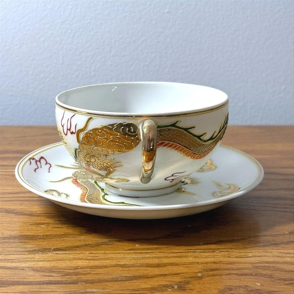 Crest Japan‎ Lithophane Tea Cup Saucer Set Gold Moriage Dragon Geisha  Vintage